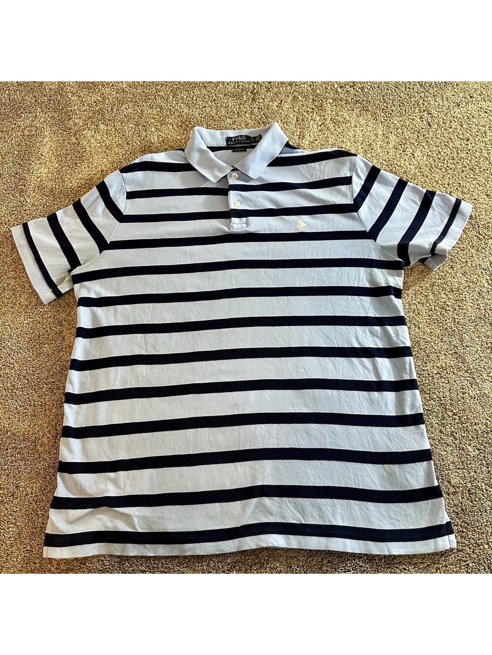 Polo by Ralph Lauren Mens L 100% Cotton Shirt Blue Light Blue Stripes Pony Golf